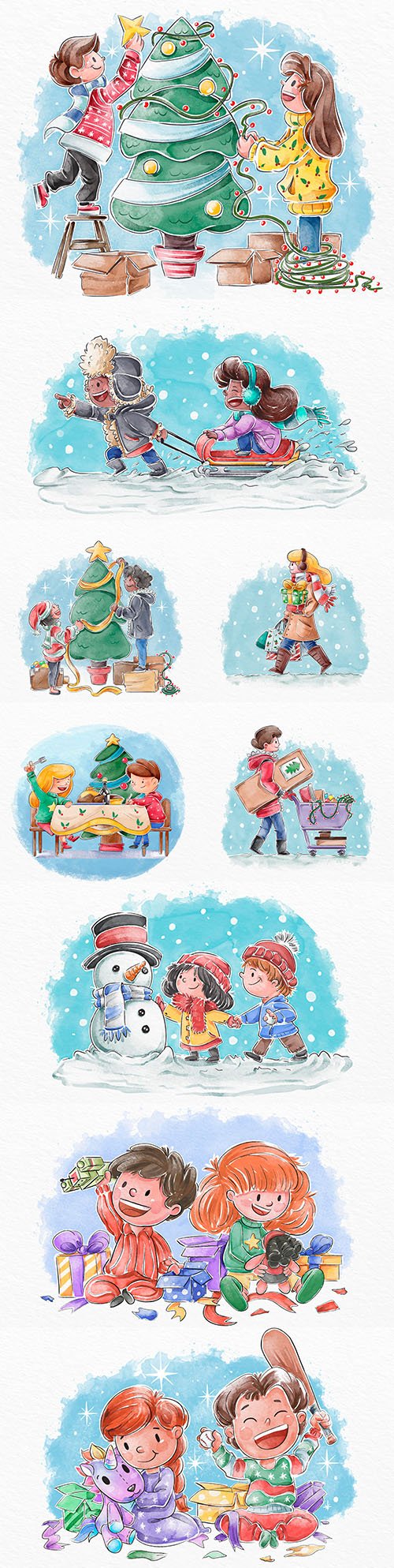 Christmas dinner and gifts illustration of different scenes