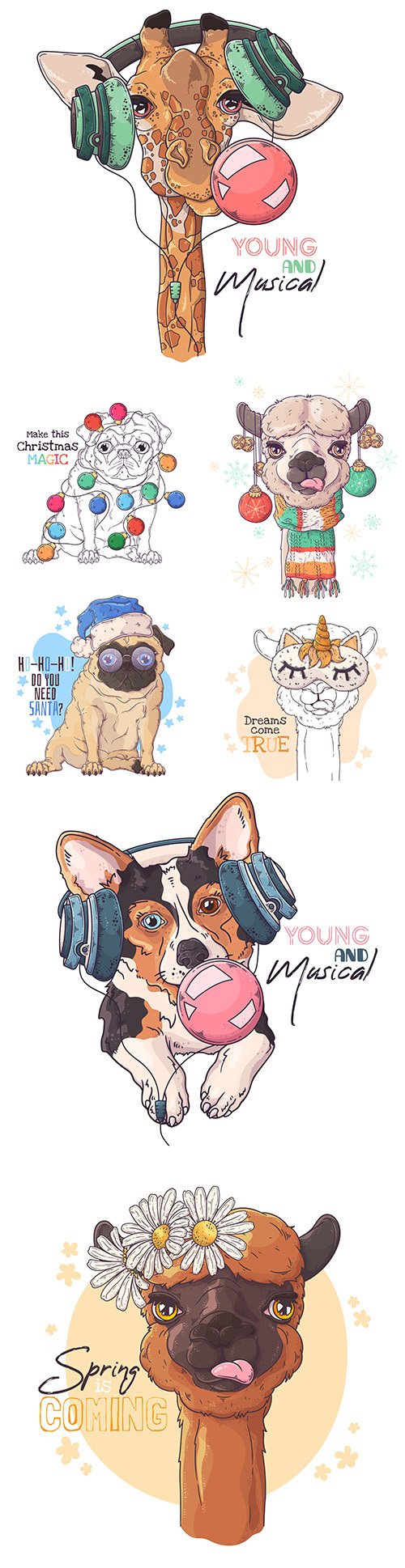 Portrait cute animals in music headphones and New Year's accessories