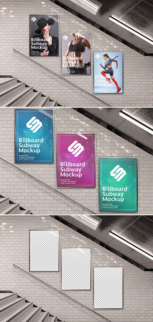 Billboards on Underground Stairs Wall Mockup