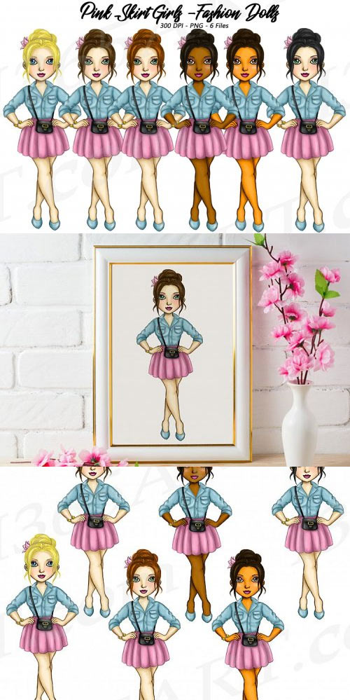 Girls in Pink Skirts Clipart, Fashion Illustrations