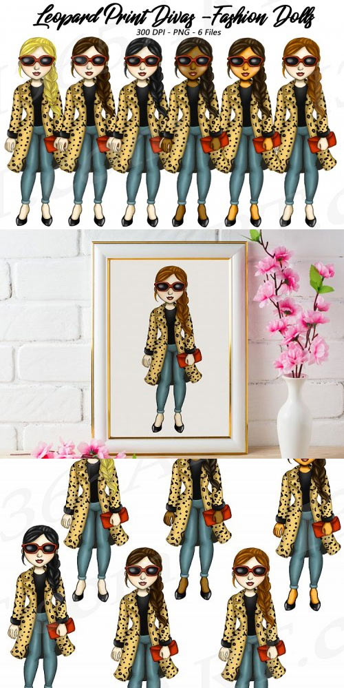 Leopard Print Divas Clipart, Fashion Girls Illustrations