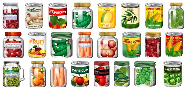 Set of different canned food and jars