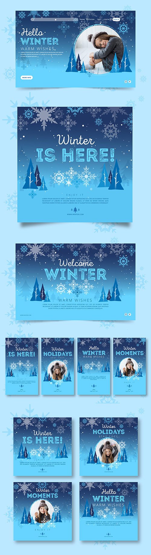 Collection of winter instagram posts and banner template