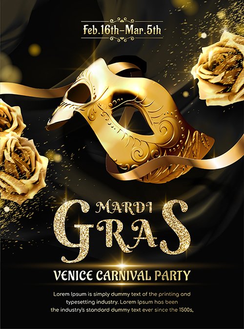 Carnival party on Mardi gras with gold mask and roses