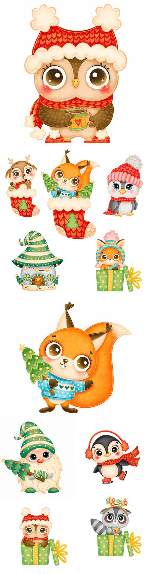 Cute cartoon animals in red hat and scarf Christmas illustrations