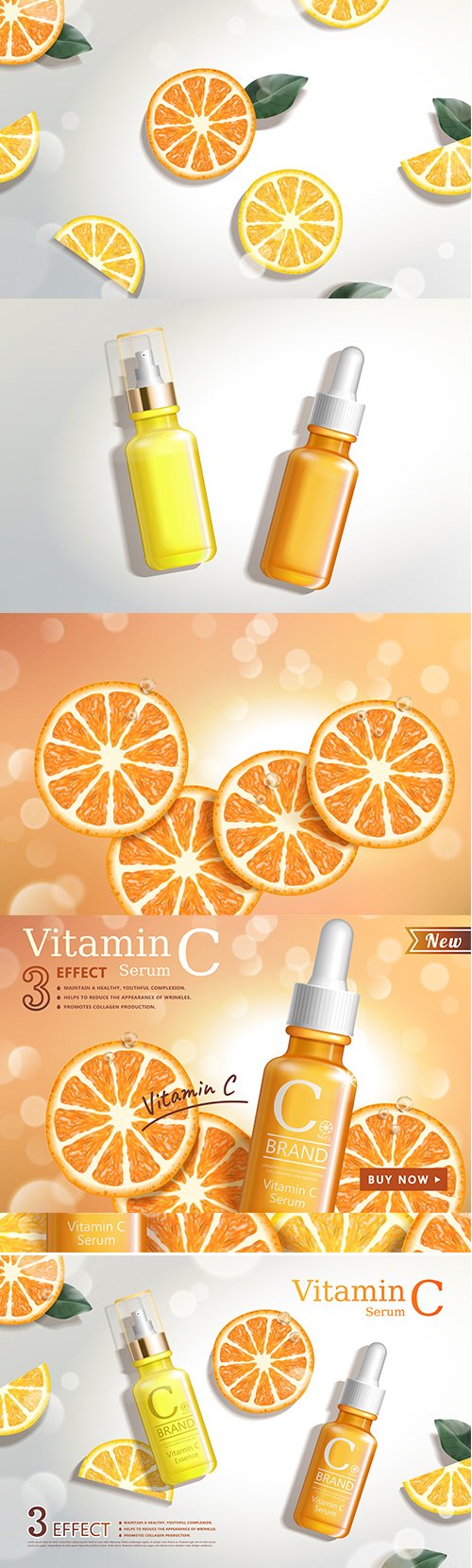 Vitamin c serum ads with refreshing citrus sections and droplet bottle