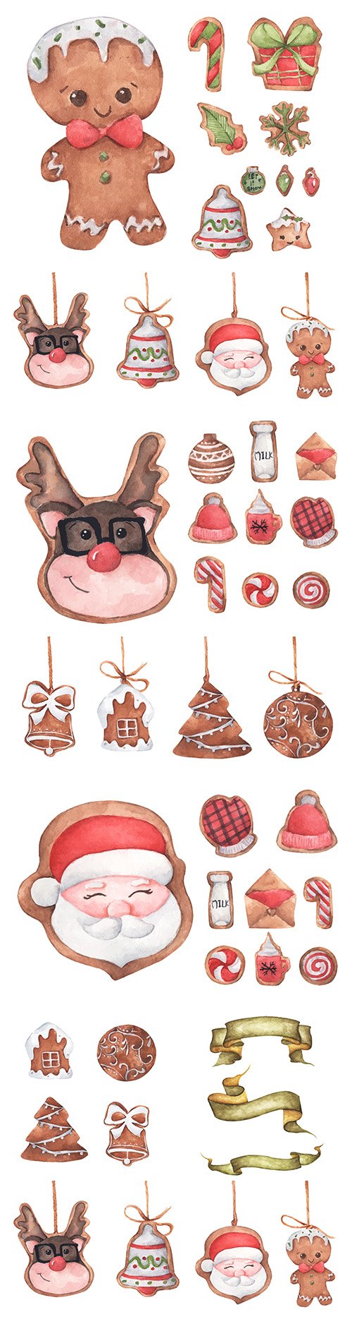 Cute Christmas gingerbread and watercolor cookies illustration