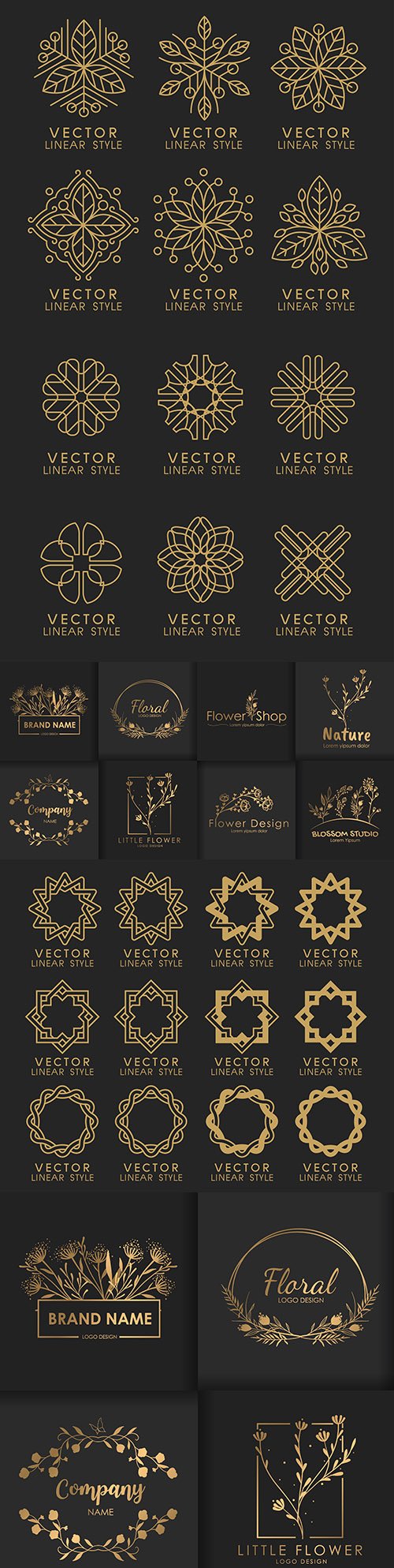Gold set of linear and floral decorative logos design