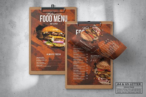 Food Menu Design - Single Page - A4 & US Letter