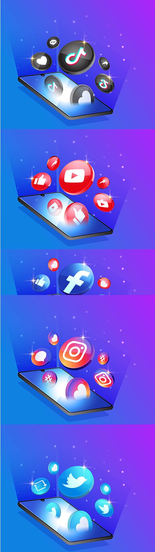 3d social media icons with smartphone symbol