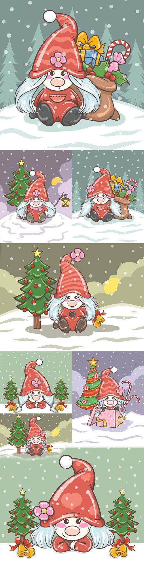 Sweet girl gnome with gifts Christmas illustration