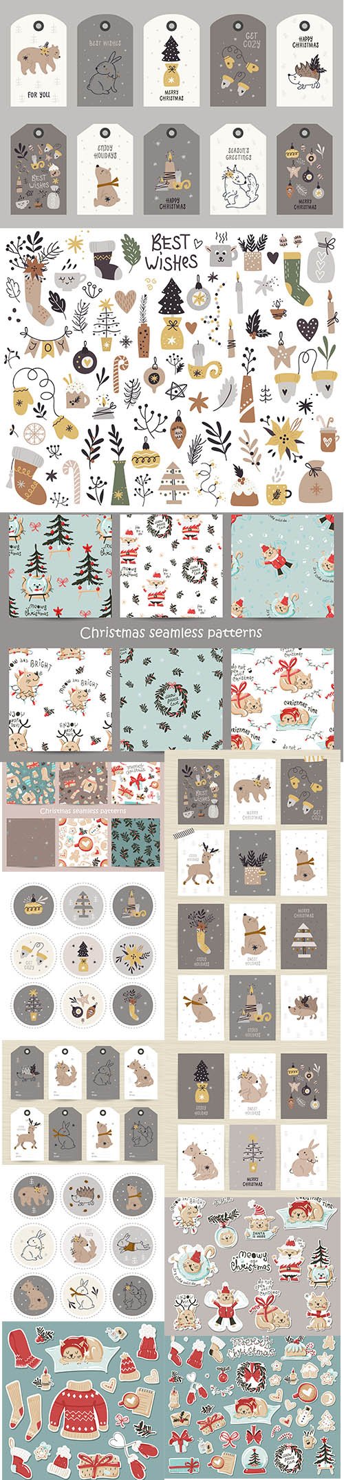 Collection tags with christmas items animals