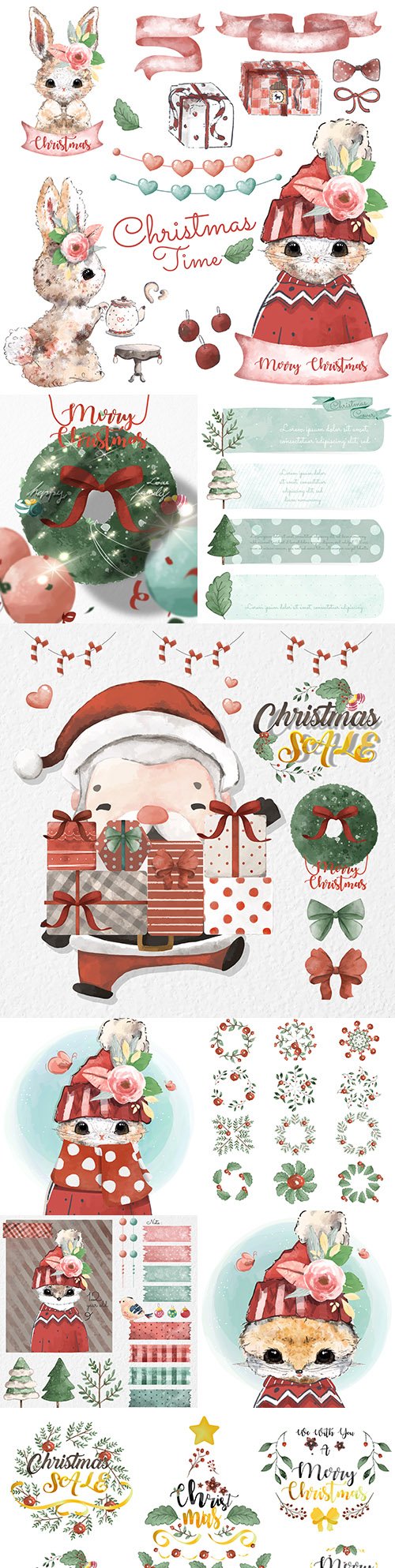 Christmas set of watercolor style design elements