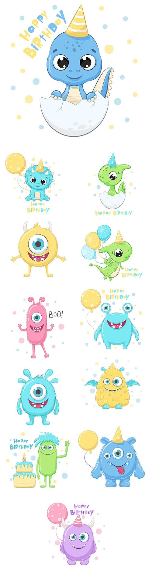 Cute dinosaur with phrase happy birthday and monsters illustration