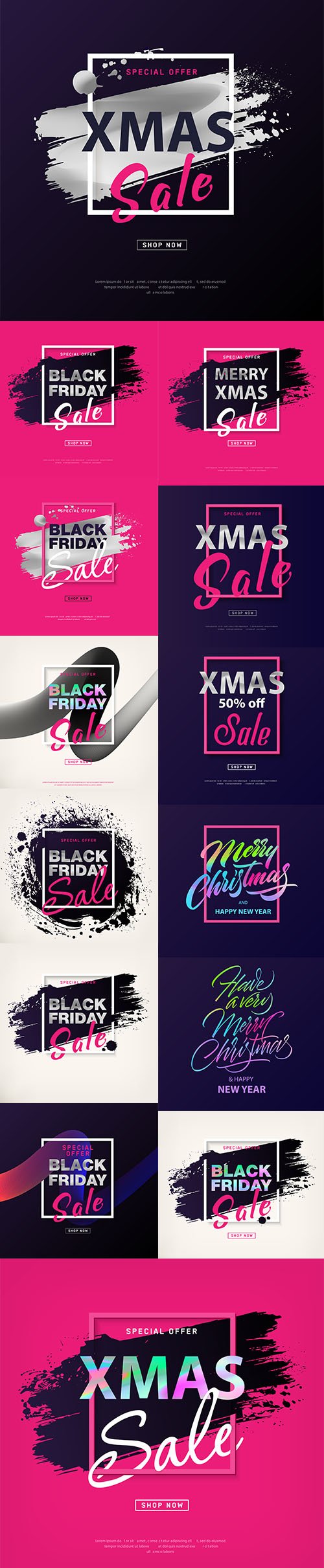 Merry christmas sale poster and black friday sale poster with silver text