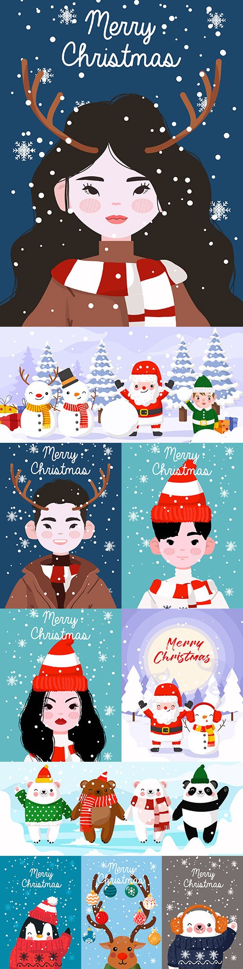 Merry Christmas themed painted flat design illustrations
