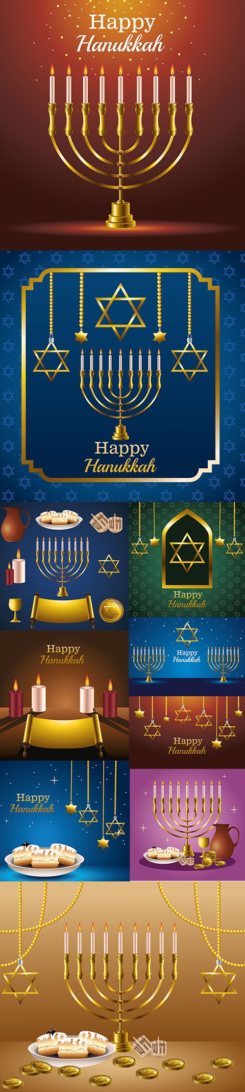 Happy hanukkah celebration card with golden stars hanging vector illustration