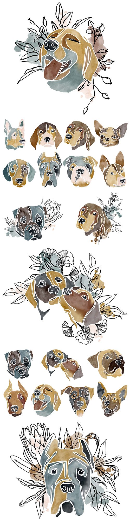 Dogs of different breeds abstract illustrations