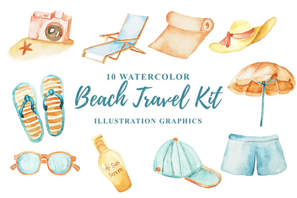 10 Watercolor Beach Travel Kit PNG Illustration
