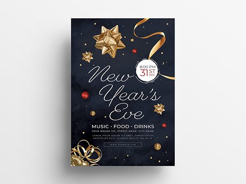 New Years Eve Flyer Layout with Gold Ribbons