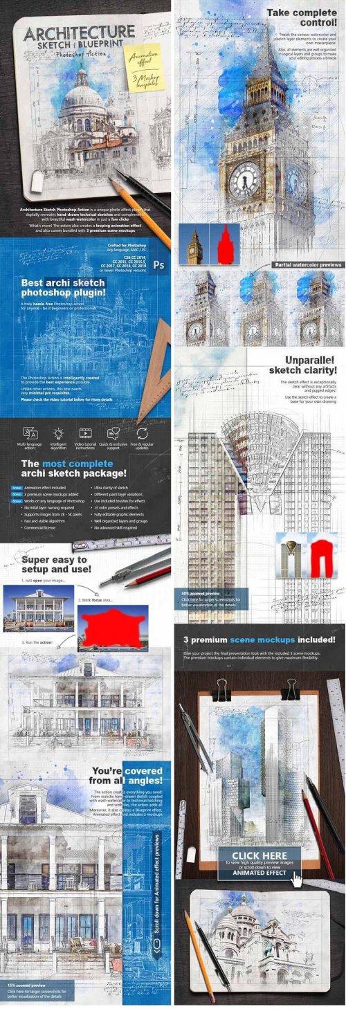 Animated Architecture Sketch and Blueprint Photoshop Action