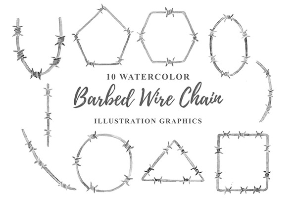 10 Watercolor Barbed Wire Chain PNG Illustration