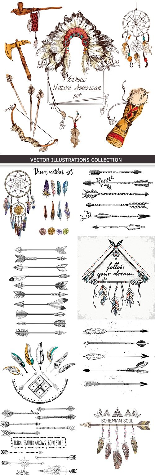 Arrow and feather boho ethnic Indian vintage sketch