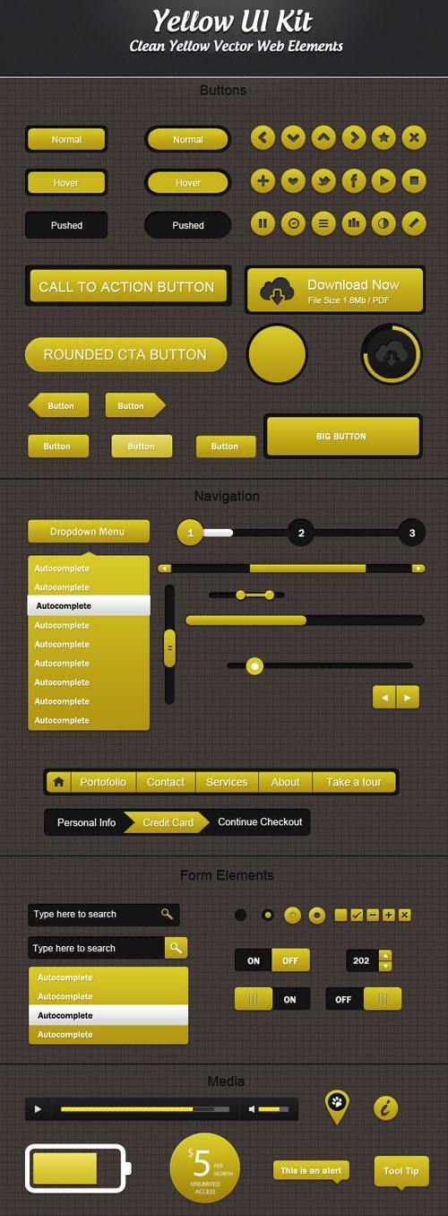 Yellow Web Elements UI Kit PSD Template