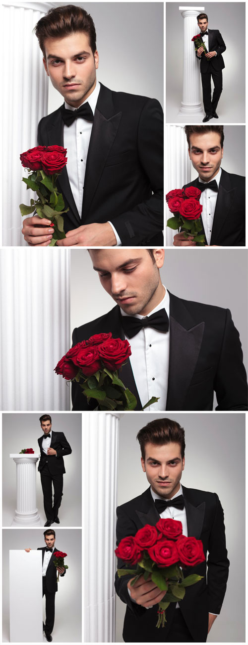 Man with red roses stock photo