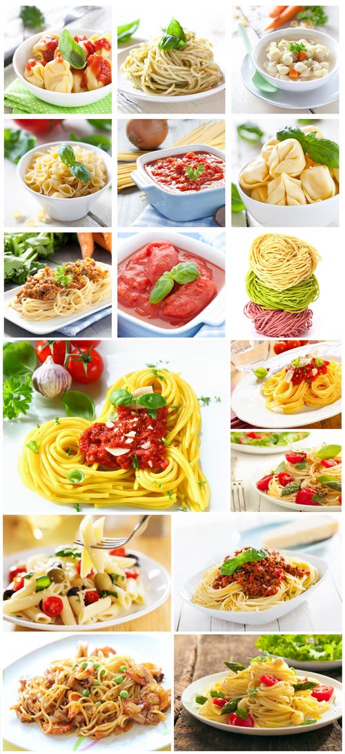 Dishes with different types of pasta stock photo