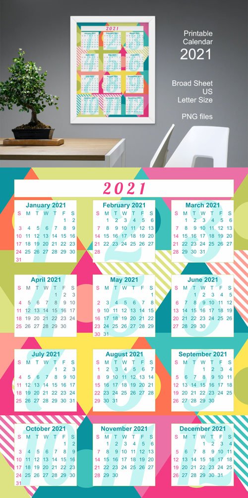 Printable Calendar 2021 with Colorful Bold Triangles Patterns