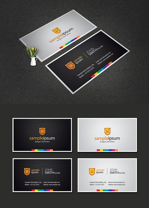 Black and Gray Business Card with Colorful Accents and Shield Icon