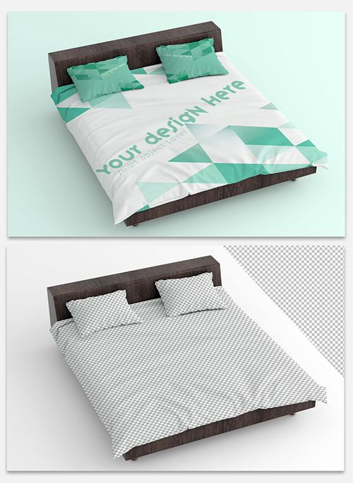 Mockup of Sheets and Pillows on Wooden Bed Frame