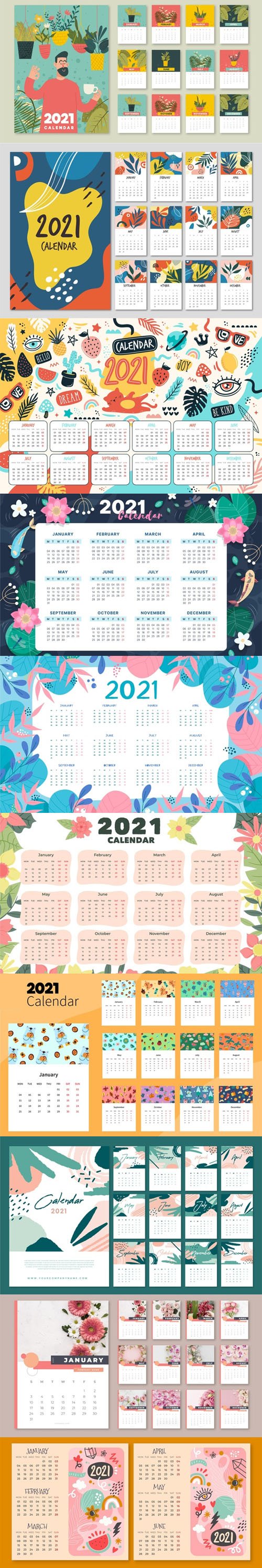 10 Hand-Drawn Illustrated 2021 Calendars Templates in Vector