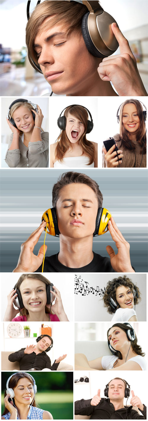 People with headphones stock photo