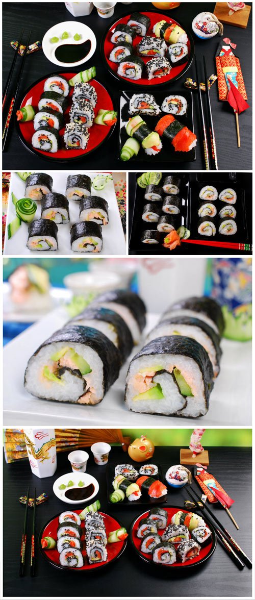 Sushi with ginger and soy sauce stock photo