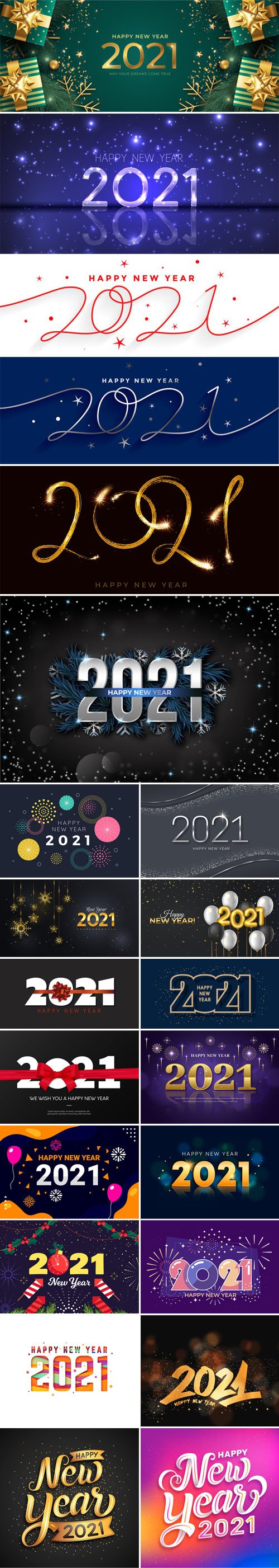 23 Happy New Year 2021 Backgrounds & Lettering Templates in Vector