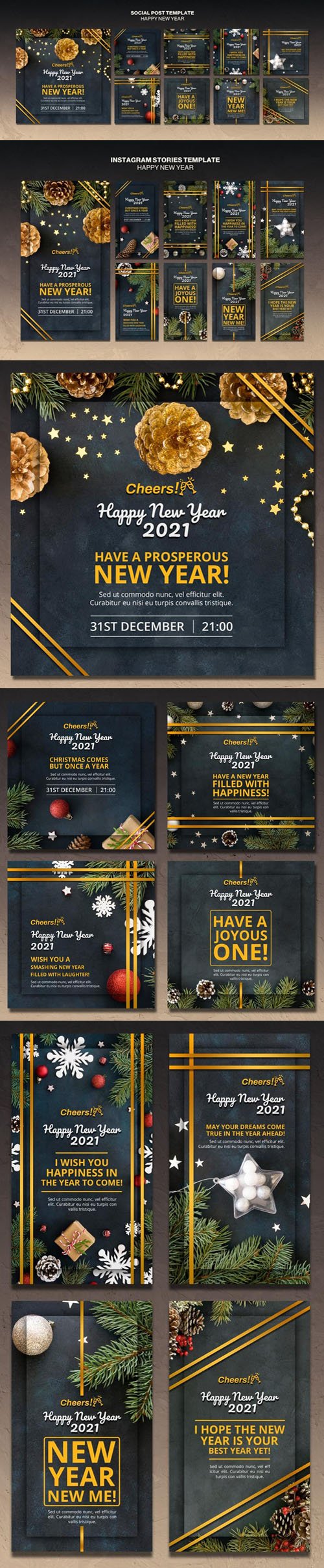 Happy New Year 2021 Social Media Posts & Instagram Stories PSD Templates