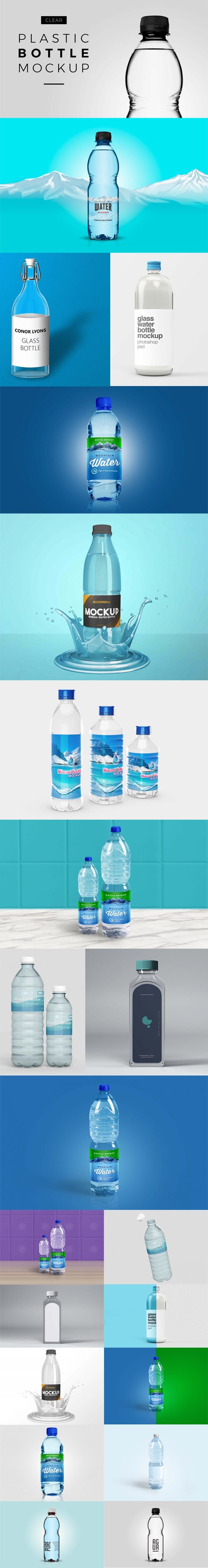Transparent Glass & Plastic Water Bottles PSD Mockups Templates Collection