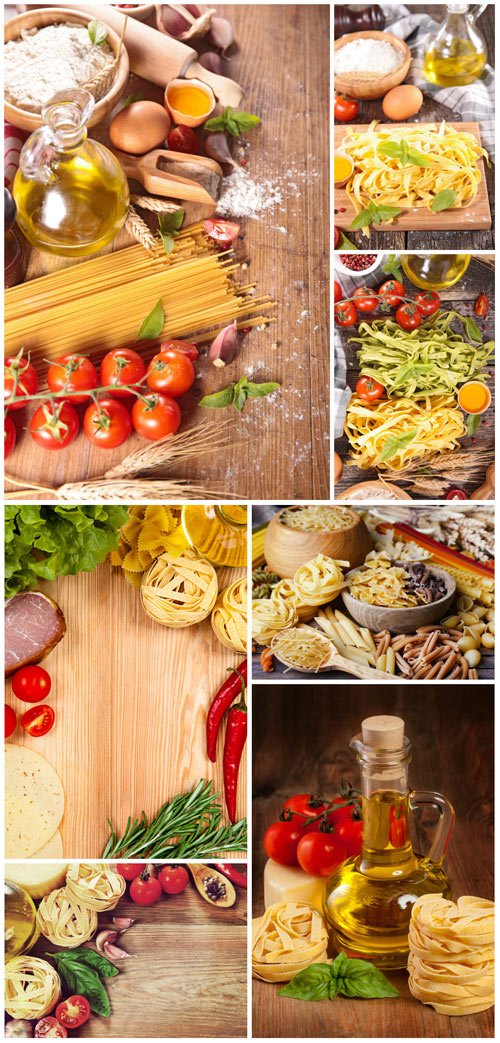 Pasta, tomatoes, eggs and herbs stock photo