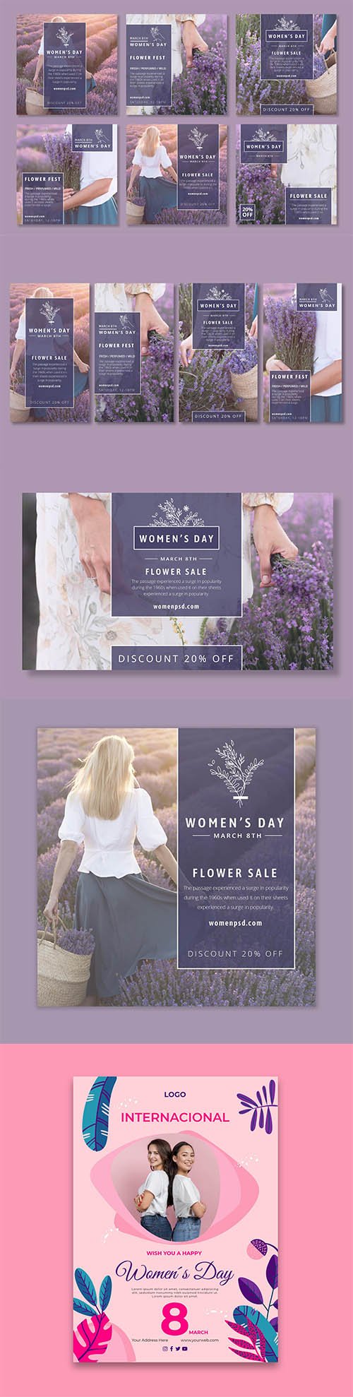 International women day poster and social template set