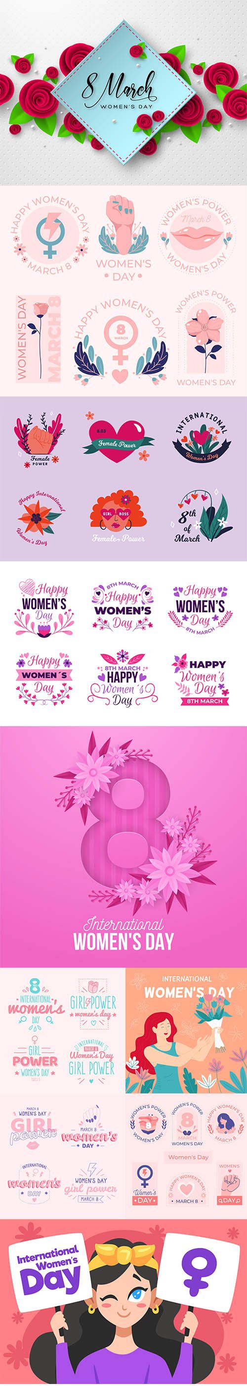 Hand-drawn international womens day illustration and badge collection