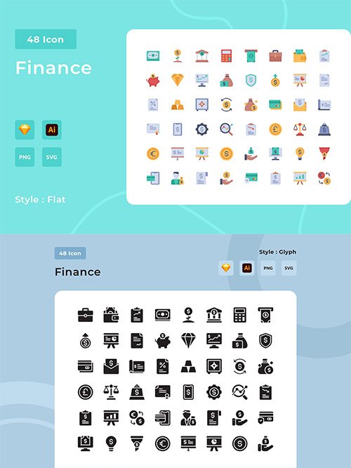 96 Finance Flat and Glyph Style Icon Pack