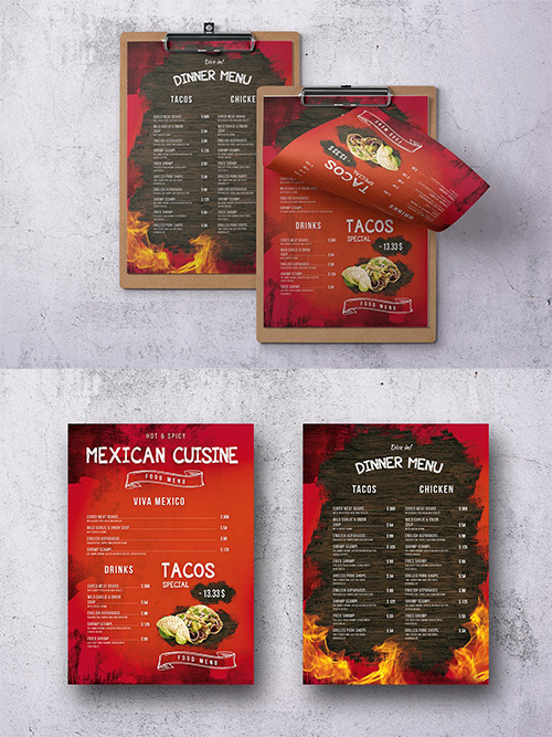 Mexican A4 & US Letter Single Page Food Menu PSD