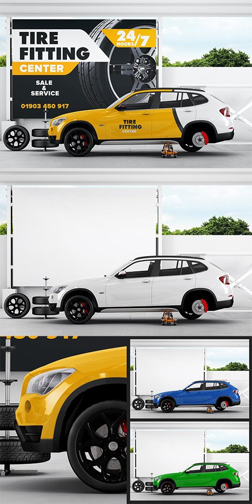 Advertising Board At Tire Fitting With Car Mockup PSD