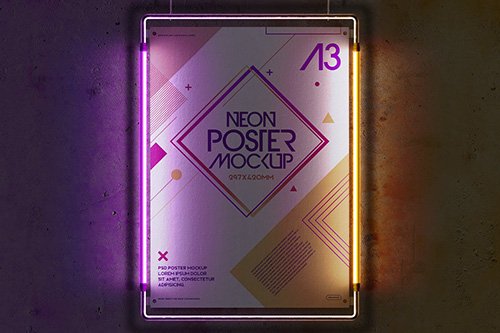Hanging Mockup A3 Poster Neon Light Metal Frame PSD