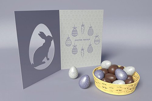 Eggs in Basket with Easter Card Mockup PSD