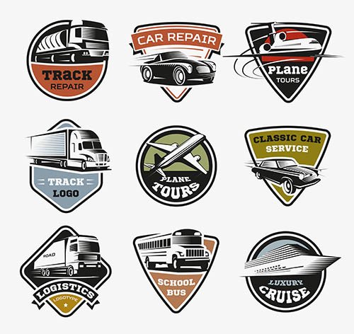 Isolated transport retro logos set