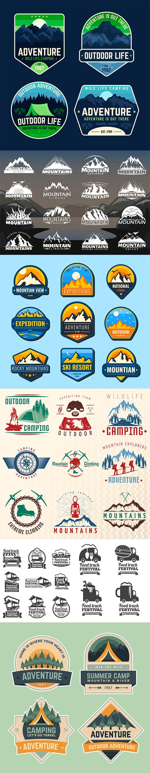 Mountains flat labels and food truck set