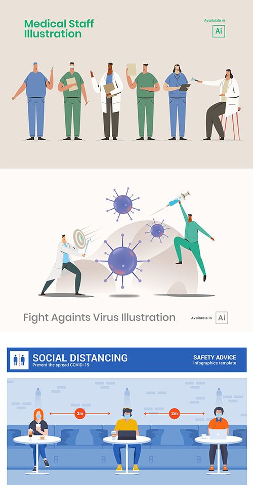 Medical staff and social distancing Vector illustrations set